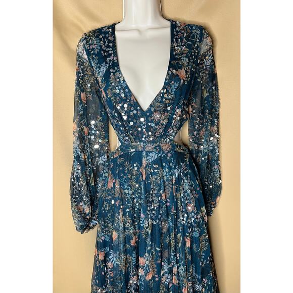 Mac Duggal Teal Floral Bling Cut Out Gown 0 - Picture 8 of 15